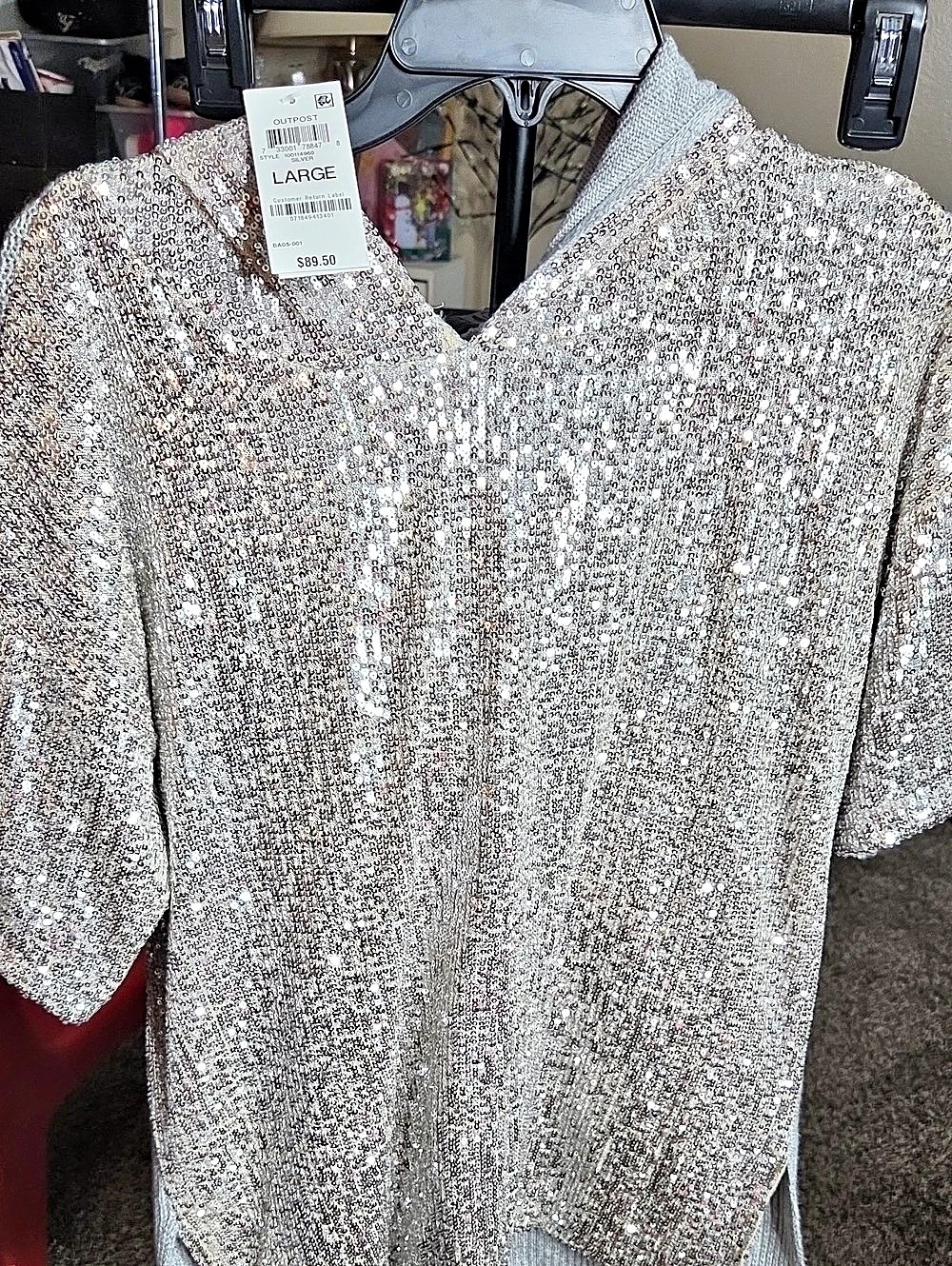 INC International Concepts Sequin-Front Hoodie Sweater Tunic Silver & Gray Large